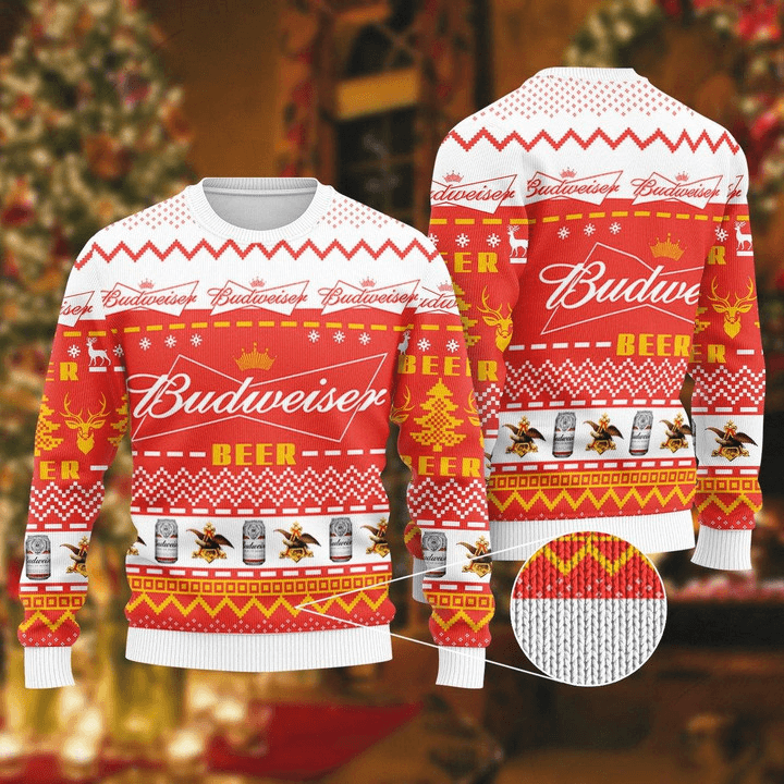 Budweiser Beer Ugly Christmas Sweater, Budweiser Beers Lovers Xmas Ugly Sweater, Budweiser Logo All-over Printed Christmas Crew Neck Ugly Sweater