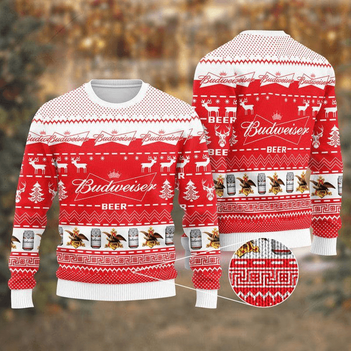 Budweiser Beer Ugly Christmas Sweater, Budweiser Beers Lovers Xmas Ugly Sweater, Budweiser Logo All-over Printed Christmas Crew Neck Ugly Sweater