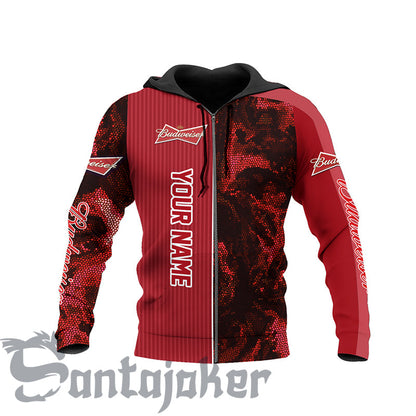 Personalized Budweiser Galaxy Mosaic Red Hoodie, Budweiser Beer Pullover Hooded Sweatshirt, Red Budweiser Beer Logo Prints Unisex Zip Hoodie