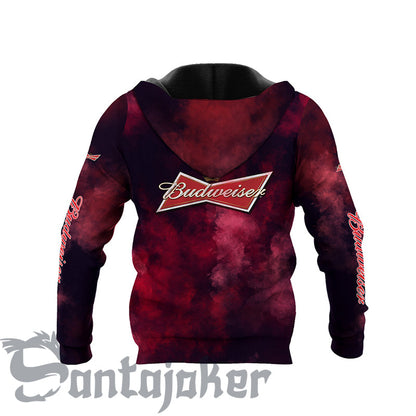 Budweiser Red Smoke All Over Printed Hoodie, Budweiser Beer 3D Pullover Hooded Sweatshirts, Budweiser Beer Logo Prints Unisex Zip Hoodies