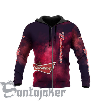 Budweiser Red Smoke All Over Printed Hoodie, Budweiser Beer 3D Pullover Hooded Sweatshirts, Budweiser Beer Logo Prints Unisex Zip Hoodies