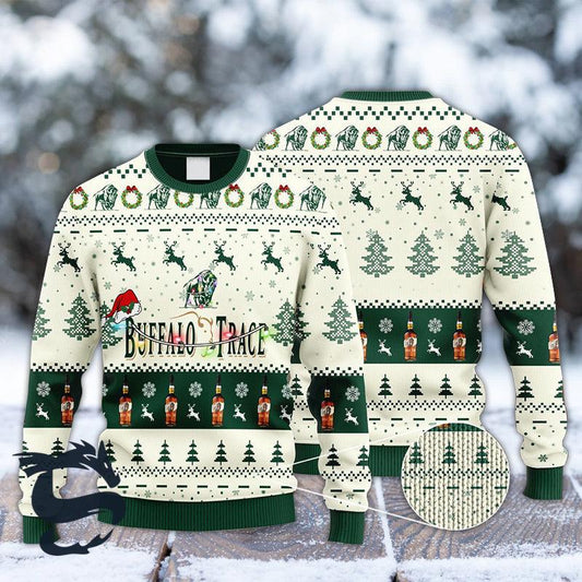 Buffalo Trace Bourbon Reindeer Snowy Night Ugly Christmas Sweater, Buffalo Trace Ugly Sweater, All Over Print Christmas Holiday Crew Neck Ugly Sweater