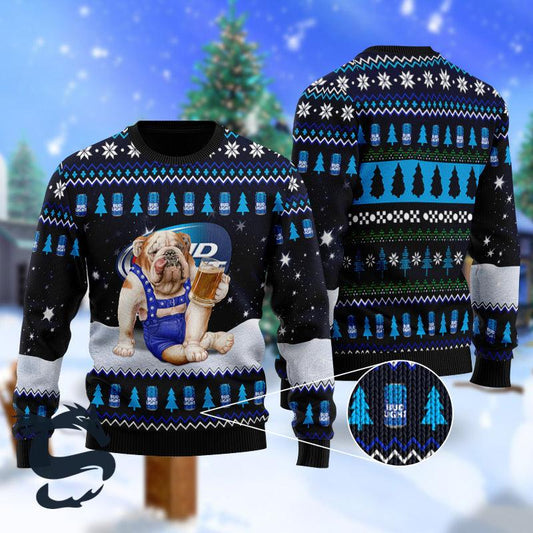 Bulldog Drink Bud Light Beer Ugly Christmas Sweater, Bud Light Beer Christmas Ugly Sweater, Bud Light Beer Lovers Christmas Crew Neck Ugly Sweater