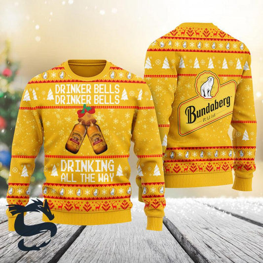 Bundaberg Drinker Bells Drinking All The Way Ugly Sweater,bundaberg Brewed Drinks Christmas Ugly Sweater, Bundaberg Crewneck Knitted Ugly Sweater