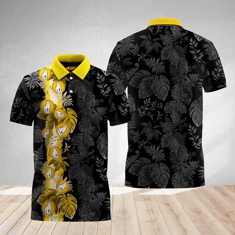 Tropical Leaf Bundaberg Stripe Black Golf Polo Shirts, Monstera Leaf Bundaberg Black Polo Shirt, Bundaberg Men's Short Sleeve Polo Shirts
