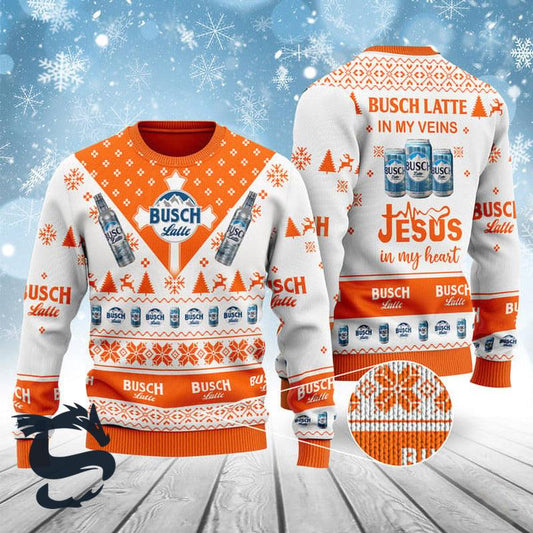 Busch Latte In My Veins Jesus In My Heart Ugly Sweater, Busch Latte Beer Logo Ugly Christmas Sweater, Busch Latte Beer Xmas Crew Neck Ugly Sweater