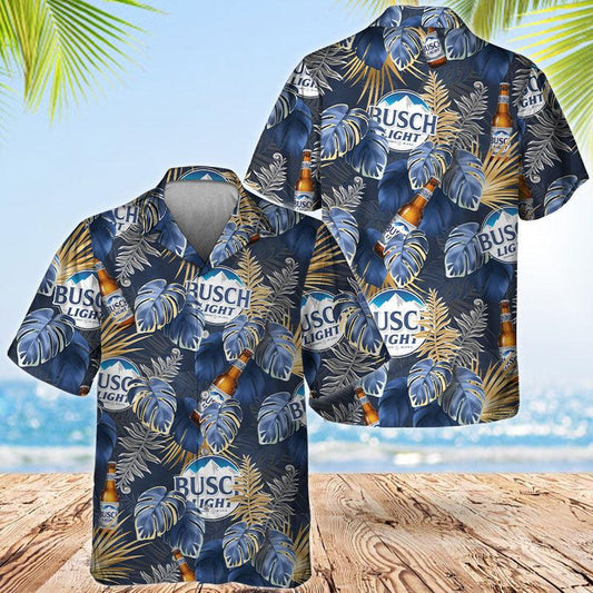 Blue Busch Light Tropical Leaf Hawaiian Shirts, Blue Monstera Busch Light Button Down Hawaiian Shirt, Tropical Busch Light Summer Aloha Shirts