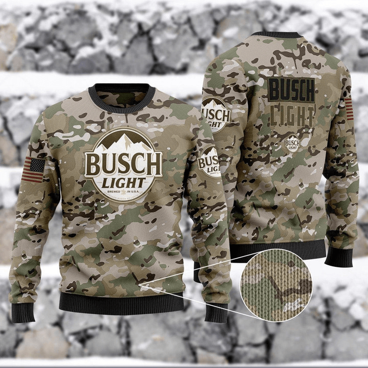 Busch Light Camouflage Ugly Christmas Sweater, Busch Light Logo Camo Christmas Ugly Sweater, Busch Light Beer Christmas Crewneck Knitted Sweater