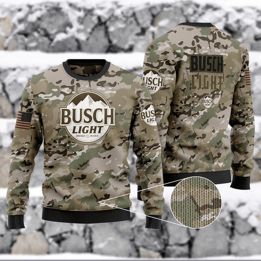 Busch Light Camouflage Ugly Christmas Sweater, Busch Light Logo Camo Christmas Ugly Sweater, Busch Light Beer Christmas Crewneck Knitted Sweater