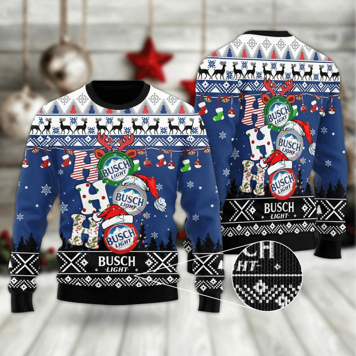 Busch Light Ho Ho Ho Ugly Christmas Sweater, Funny Busch Light Beer Blue Christmas Ugly Sweater, Busch Light Beer Christmas Crew Neck Ugly Sweater