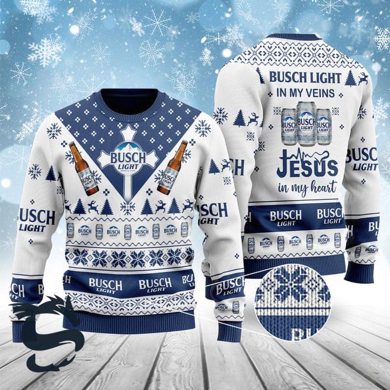 Busch Light In My Veins Jesus In My Heart Ugly Christmas Sweater, Busch Light Beer Ugly Sweater, All Over Print Holiday Crew Neck Ugly Sweaters