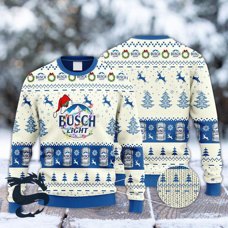 Busch Light Santa Hat Ugly Christmas Sweater, Busch Light Beer Reindeer Snowy Christmas Ugly Sweater, Busch Light Beer Xmas Crew Neck Ugly Sweater
