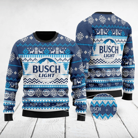 Busch Light Blue Ugly Christmas Sweater, Busch Light Beer Knitted Ugly Sweater, All Over Print Christmas Ugly Sweater, Holiday Crew Neck Ugly Sweater