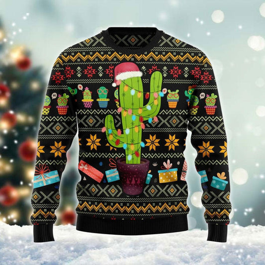 Christmas Cactus Wearing Santa Hat Ugly Christmas Sweater, Light-up Cactus Christmas Ugly Sweater, Cactus Xmas Pattern Crewneck Knitted Ugly Sweater
