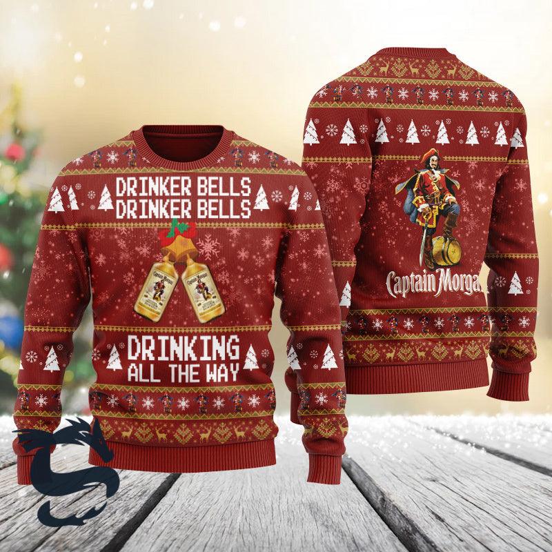 Captain Morgan Drinker Bells Drinking All The Way Ugly Sweater, Captain Morgan Rum Xmas Ugly Sweater, Captain Morgan Crewneck Knitted Ugly Sweater