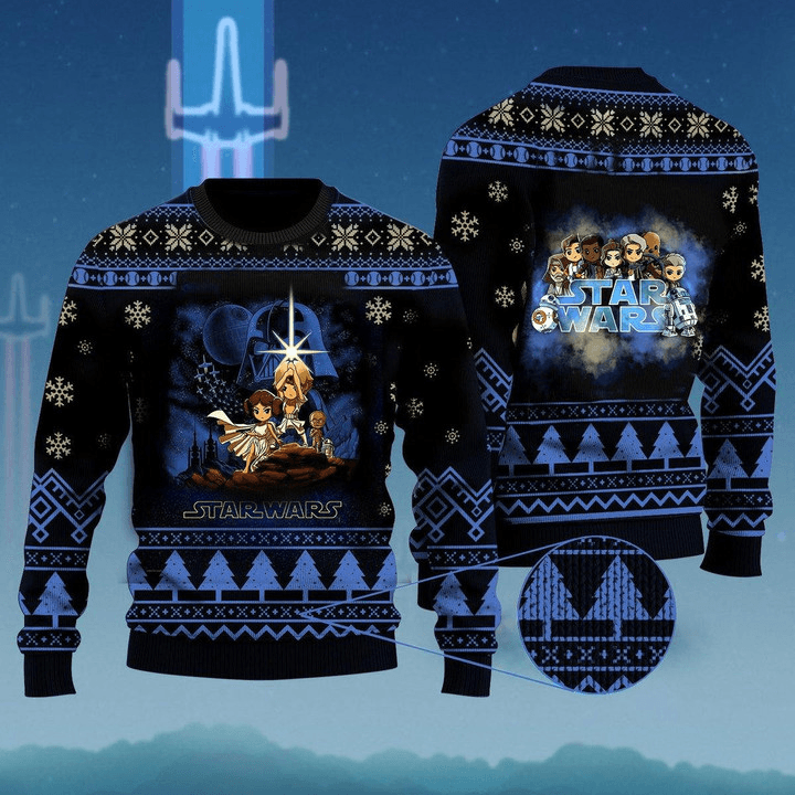 Cartoon Star Wars Characters Ugly Christmas Sweater, Star Wars Black & Blue Christmas Ugly Sweater, Star Wars Lovers Christmas Crew Neck Ugly Sweater