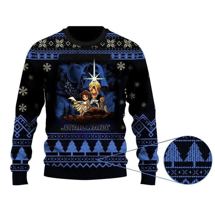 Cartoon Star Wars Characters Ugly Christmas Sweater, Star Wars Black & Blue Christmas Ugly Sweater, Star Wars Lovers Christmas Crew Neck Ugly Sweater