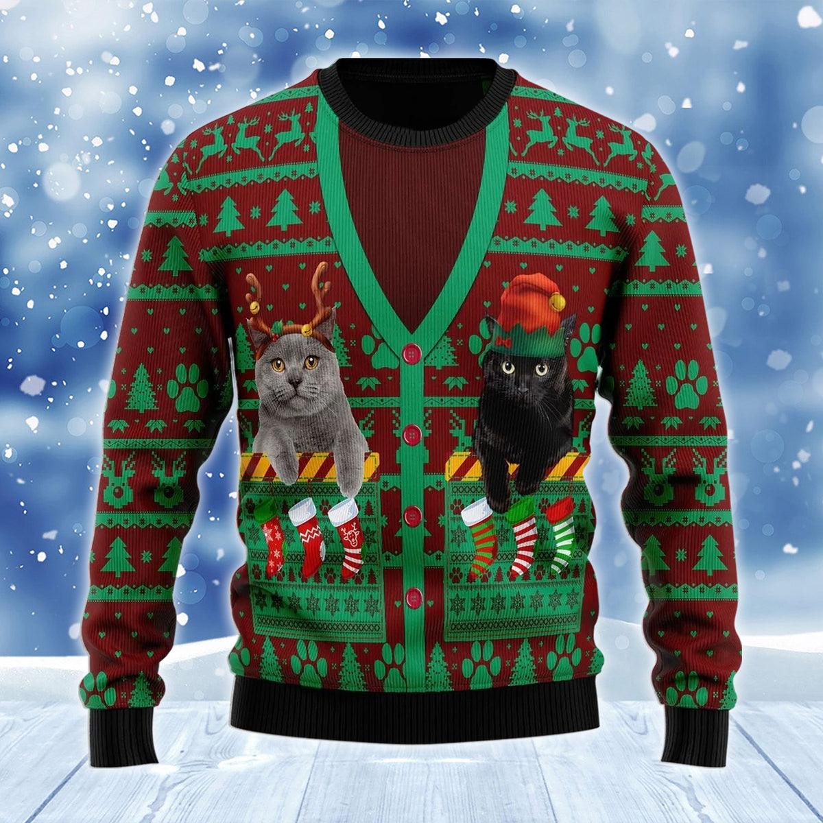 3d Cats In Pocket Ugly Christmas Sweater, Reindeer Cats Christmas Fake Cardigan 3d Ugly Sweater, Cat Lovers Xmas Crewneck Knitted Ugly Sweater