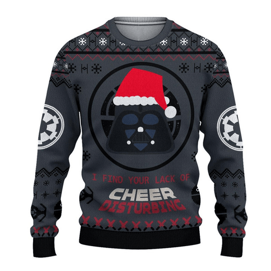 Dark Vader Cheer Disturbing Christmas Ugly Sweater, Star Wars Dark Vader Santa Hat Ugly Xmas Sweater, Star Wars Crewneck Knitted Ugly Sweater