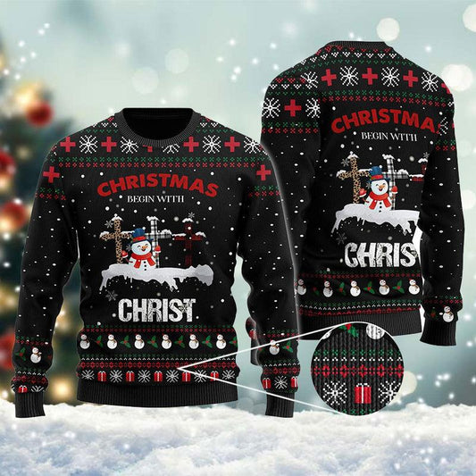 Christmas Begins With Christ Snowman Ugly Sweater, Snowman Christian Cross Snowy Black Ugly Sweater, Snowman Faith Cross Knitted Ugly Sweater