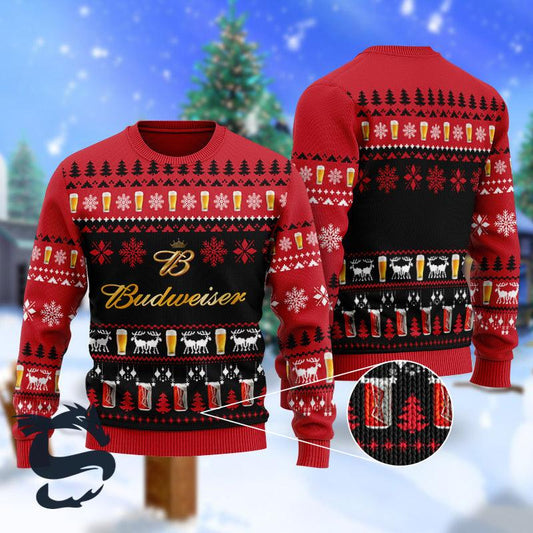 Budweiser Beer Red Ugly Christmas Sweater, Budweiser Beer With Christmas Pattern Ugly Sweater, Budweiser Beer All-over Printed Crewneck Ugly Sweater