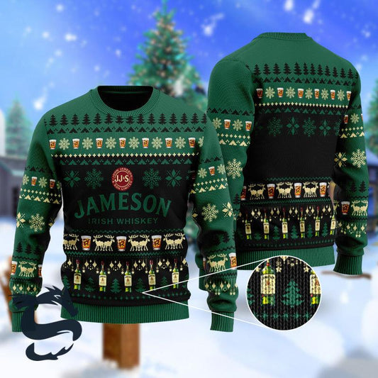 Jameson Irish Whiskey Ugly Christmas Sweater, Jameson Irish Whiskey Black & Green Christmas Ugly Sweater, Jameson Whiskey Aop Crewneck Ugly Sweater