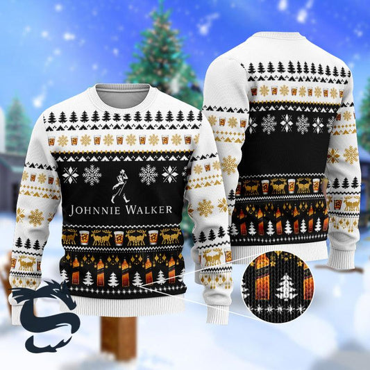 Johnnie Walker Whiskey Ugly Christmas Sweater, Johnnie Walker Black & White Christmas Ugly Sweater, Johnnie Walker Whiskey Aop Crewneck Ugly Sweater