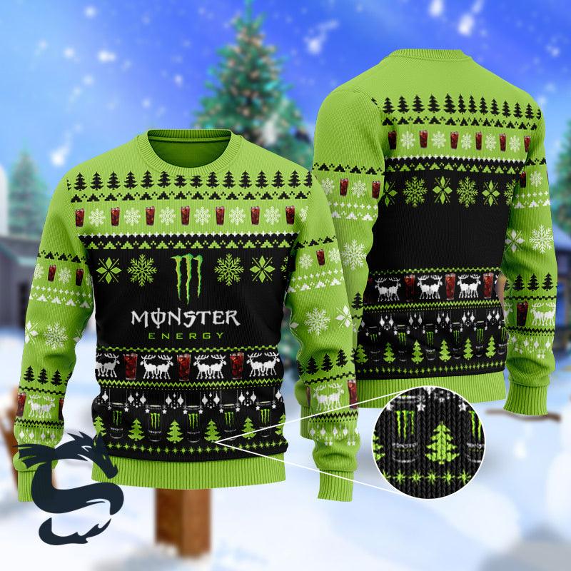 Monster Energy Green Ugly Christmas Sweater, Monster Energy With Christmas Pattern Ugly Sweater, Monster Energy All-over Printed Crewneck Ugly Sweater