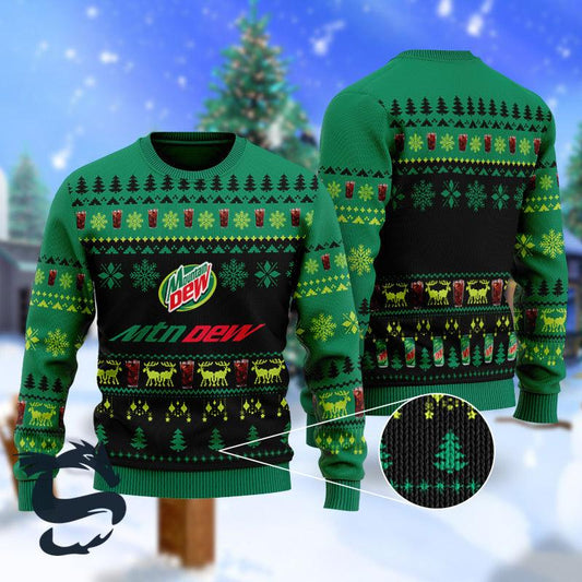 Soda Mountain Dew Green Ugly Christmas Sweater, Mtn Dew With Christmas Pattern Ugly Sweater, Mountain Dew Logo All-over Printed Crewneck Ugly Sweater