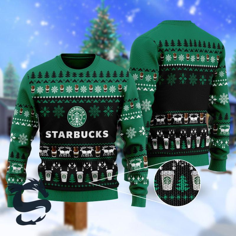 Starbucks Coffee Ugly Christmas Sweater, Starbucks Coffee Lovers Christmas Ugly Sweater, Starbucks Coffee Logo Print Holiday Crew Neck Ugly Sweaters