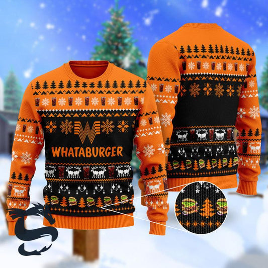 Christmas Scenes With Whataburger Ugly Sweater, Whataburger Fast Food Christmas Ugly Sweater, Whataburger Lovers Christmas Crew Neck Ugly Sweater