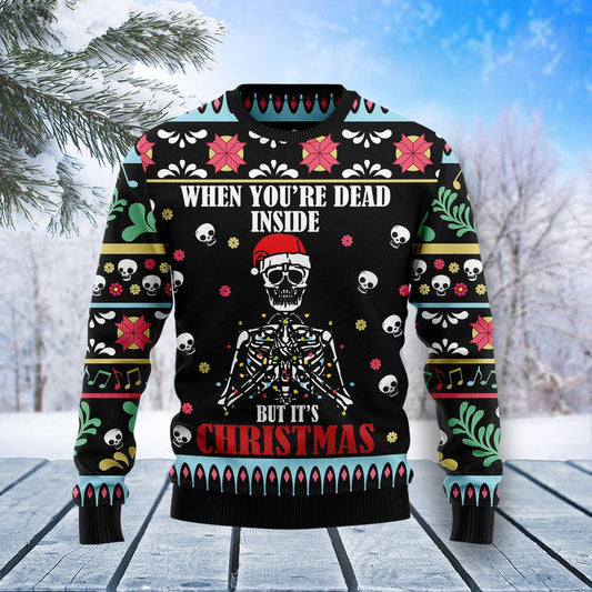 Skeleton Dead Inside But It's Christmas Ugly Sweater, Funny Santa Hat Skeleton Ugly Christmas Sweater, Christmas Holiday Crew Neck Ugly Sweater