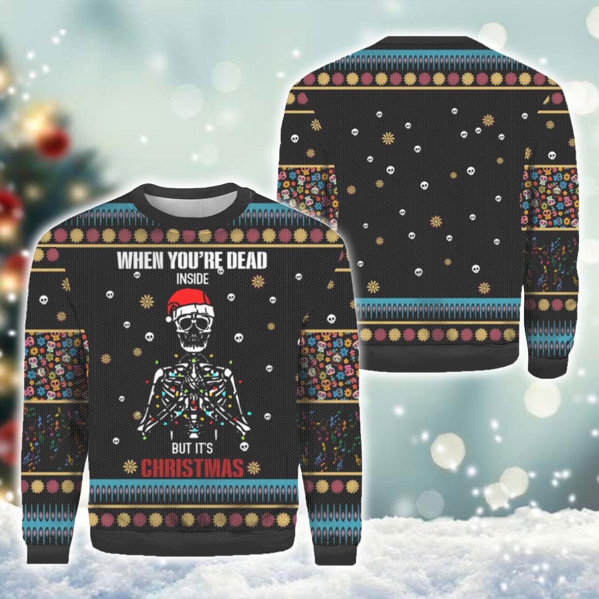 Dead Inside But It's Christmas Skeleton Santa Ugly Sweater, Santa Skeleton Christmas Lights Black Ugly Sweater, Funny Xmas Knitted Ugly Sweater