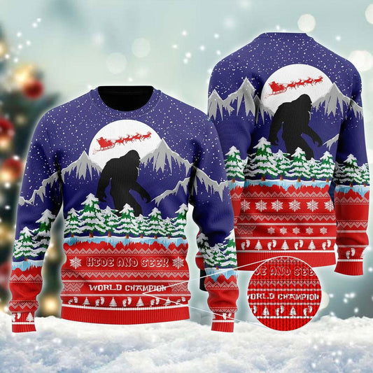 Christmas With Bigfoot Hide And Seek Ugly Sweater, Sasquatch Moon Night Ugly Christmas Sweater, Bigfoot Lovers Christmas Holiday Crewneck Ugly Sweater