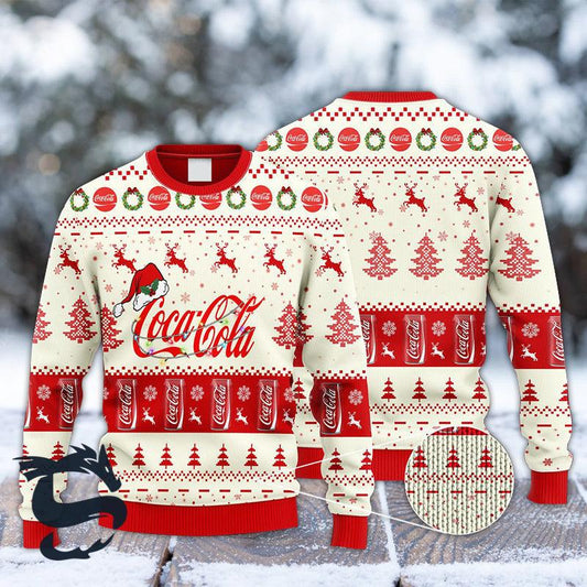 Coca Cola Santa Hat Ugly Christmas Sweater, Coca Cola Reindeer Snowy Christmas Ugly Sweater, Coca Cola Christmas Holiday Crew Neck Ugly Sweater