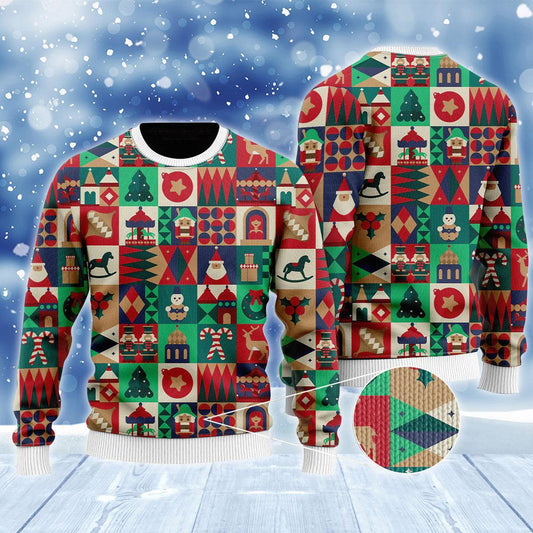 Christmas Symbols Colorful Vintage Ugly Xmas Sweater, Christmas Icons All-over Print Retro Xmas Ugly Sweater, Xmas Crewneck Knitted Ugly Sweater