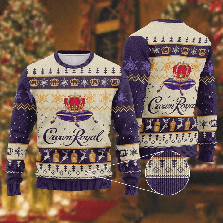 Crown Royal Purple Ugly Christmas Sweater, Crown Royal 3d Knitted Ugly Sweater, All Over Print Christmas Ugly Sweater, Holiday Crew Neck Ugly Sweater