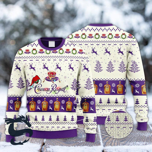 Crown Royal Whiskey Santa Hat Ugly Christmas Sweater, Crown Royal Reindeer Snowy Xmas Ugly Sweater, Crown Royal Whiskey Xmas Crew Neck Ugly Sweater