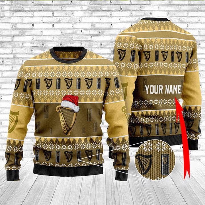 Personalized Guinness Beer Ugly Christmas Sweater, Guinness Beer Santa Hat Christmas Ugly Sweater, Guinness Beer Christmas Crew Neck Ugly Sweater