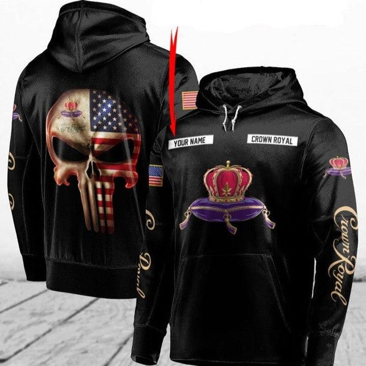 Custom Black Usa Flag Punisher Skull Crown Royal 3D Hoodie, Crown Royal 3D Pullover Hooded Sweatshirt, Crown Royal Whisky Logo 3D Printed Hoodie