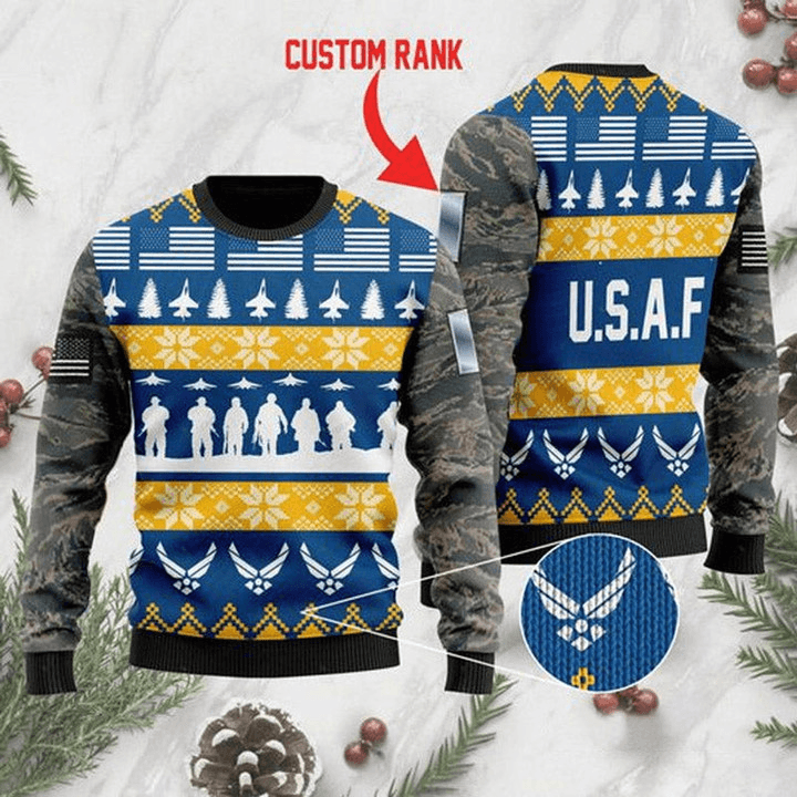 Custom Rank Us Air Force Ugly Christmas Sweater, Us Air Force Soldiers Camo Blue Ugly Sweater, Air Force Christmas Crewneck Knitted Ugly Sweater