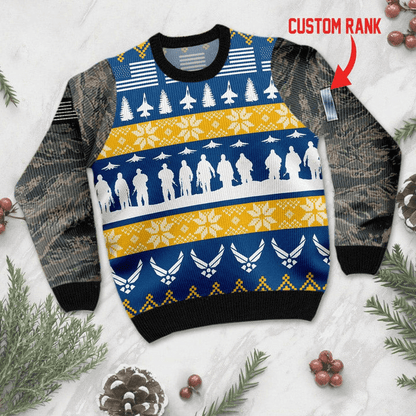 Custom Rank Us Air Force Ugly Christmas Sweater, Personalized Us Air Force Soldiers Camo Blue Ugly Sweater, Air Force Christmas Ugly Sweater