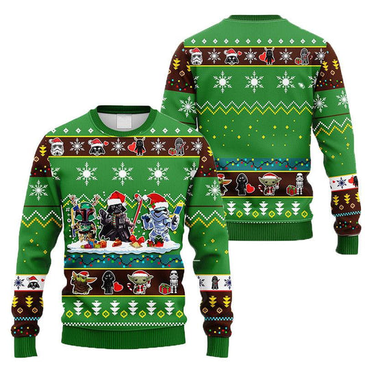Cute Chibi Star Wars Characters Green Ugly Xmas Sweater, Darth Vader Boba Fett Stormtrooper Ugly Sweater, Star Wars Crewneck Knitted Ugly Sweater