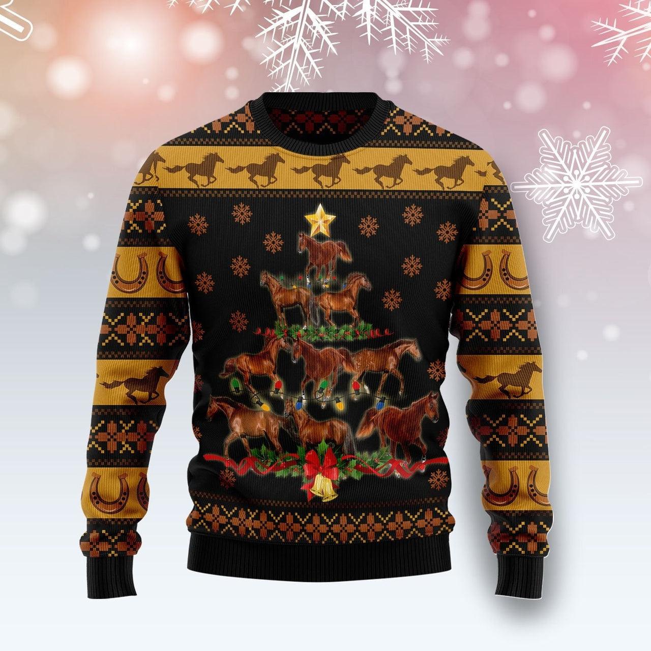 Lights Horse Christmas Tree Ugly Christmas Sweater, Christmas Tree Horse Vintage Ugly Sweater, Horse Lovers Christmas Holiday Crewneck Ugly Sweaters