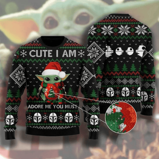 Cute I Am Adore Me You Must Baby Yoda Ugly Christmas Sweater, Star Wars Baby Yoda Grogu Christmas Ugly Sweater, 3d Christmas Crew Neck Ugly Sweater