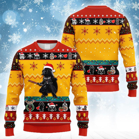 Funny Santa Darth Vader Christmas Lights Ugly Sweater, Cute Chibi Star Wars Characters Ugly Xmas Sweater, Star Wars Crewneck Knitted Ugly Sweater