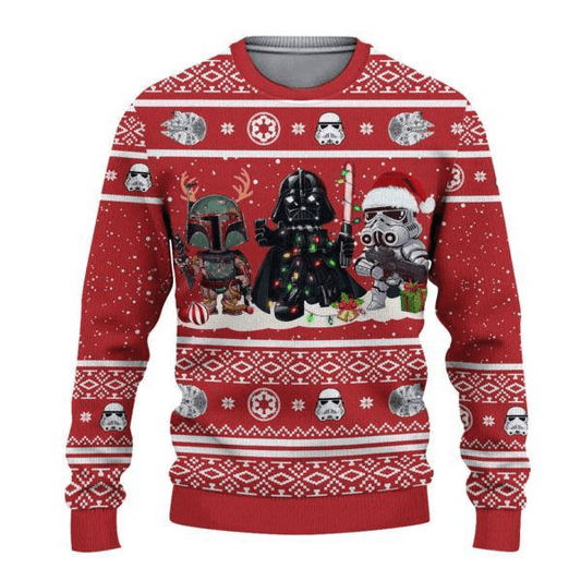 Darth Vader Boba Fett Stormtrooper Ugly Christmas Sweater, Funny Star Wars Characters Xmas Ugly Sweater, Star Wars Christmas Crew Neck Ugly Sweater