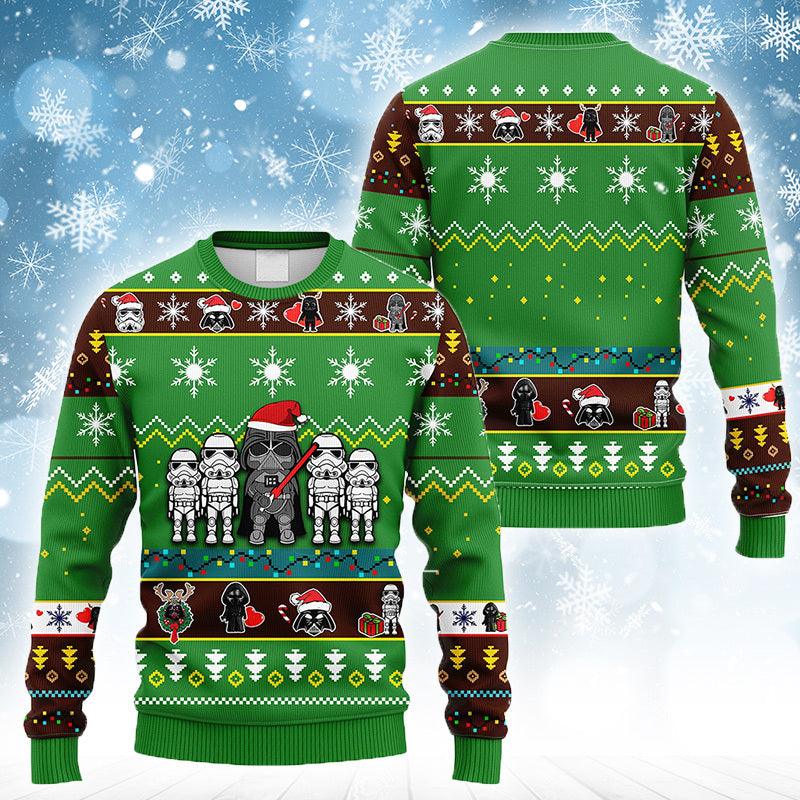 Santa Darth Vader And Stormtrooper Green Ugly Sweater, Cute Chibi Star Wars Characters Ugly Xmas Sweater, Star Wars Crewneck Knitted Ugly Sweater