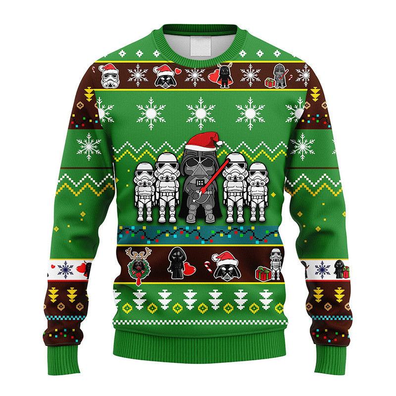 Santa Darth Vader And Stormtrooper Green Ugly Sweater, Cute Chibi Star Wars Characters Ugly Xmas Sweater, Star Wars Crewneck Knitted Ugly Sweater