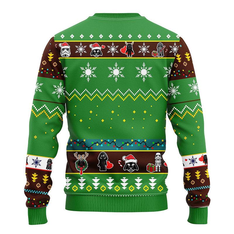 Santa Darth Vader And Stormtrooper Green Ugly Sweater, Cute Chibi Star Wars Characters Ugly Xmas Sweater, Star Wars Crewneck Knitted Ugly Sweater